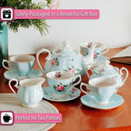 BTaT- Floral Tea Sets for Adults, 13 pcs, Service for 4, Pot (38 oz) & Cups (8 oz) with Saucers, Pastel Blue Floral Design, Porcelain Tea Set for Adult, Dishwasher Safe