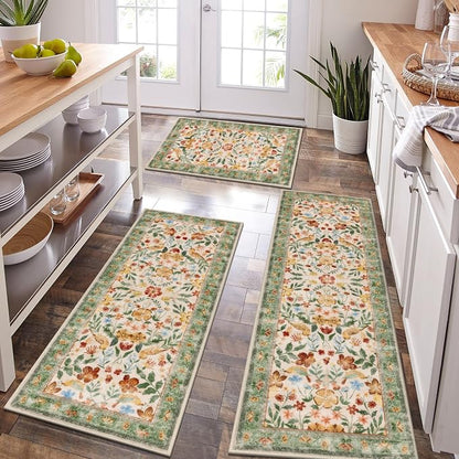 HEBE Boho Kitchen Rugs Set of 3, Non Slip Washable Kitchen Mats by HEBE