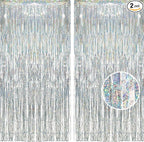 BRAVESHINE Silver Streamers Party Backdrop Decorations - 2Pcs 3.2x8.2ft Tinsel Foil Fringe Curtain Backdrop for Christmas/New Years/Birthdays/Bachelorette/Anniversary/Engagement/Dancing Ball Decor