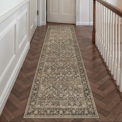 2x10 Brown Vintage Floral Washable Runner Rug by HUGEAR