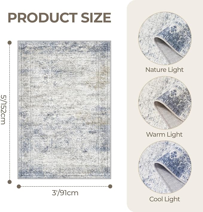 3x5 Rug for Entryway, Washable Area Rug, Living Room, Dining Room, Neutral Rug - Image 2
