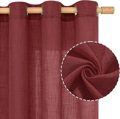 Burgundy Red Sheer Linen Curtains 84 inch Length, Light Filtering Semi Sheer - Image 2