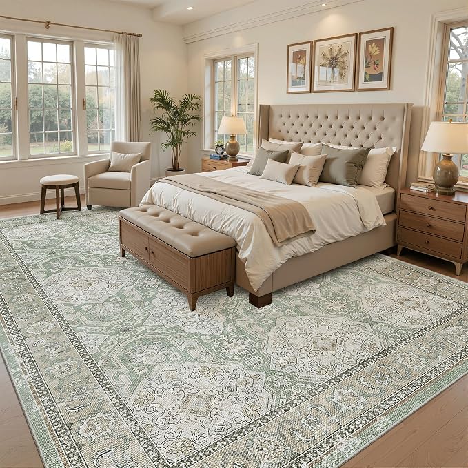 Soalmost 9x12 Area Rugs for Living Room Washable Rug Non-Slip Green/Brown | - Image 3