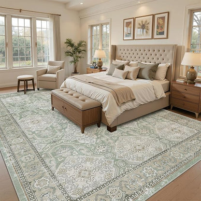 Soalmost 8x10 Area Rugs Large Washable Living Room Rug Non-Slip Green/Brown | - Image 3