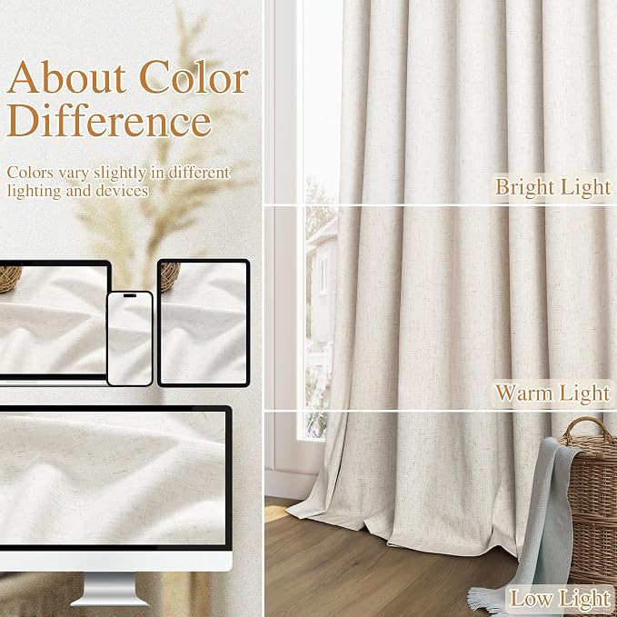 Beige White 100% Blackout Linen Curtains 90 Inch Length 2 Panels Set - Image 7