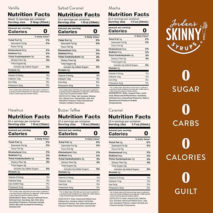Jordan's Skinny Syrups Sugar Free Coffee Syrup, Vanilla, Salted Caramel, Hazelnut, Mocha, Butter Toffee, and Caramel Syrups, Zero Calorie Flavoring, 25.4 Fl Oz (Pack of 6), Sampler Variety Pack