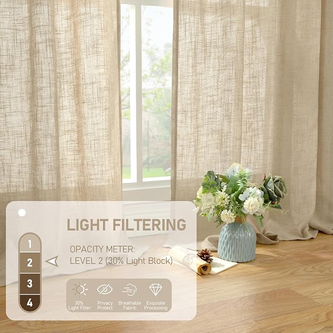 45 Inch Short Window Linen Curtains, Light Filtering Panels | Light Filtering - Image 4
