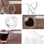 CNGLASS Mothers Day Gifts for Mom,Double Wall Heart Shaped Glass Coffee Mugs 5oz(Set of 2),Insulated Clear Tea Cups with Handle,Unique Glass Espresso Mugs for Coffee,Cappuccino,Latte,Milk