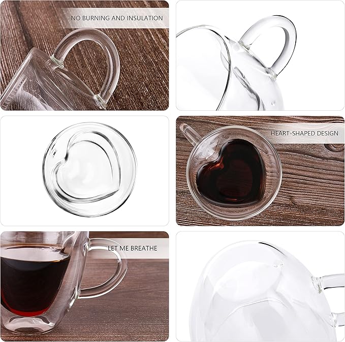 CNGLASS Mothers Day Gifts for Mom,Double Wall Heart Shaped Glass Coffee Mugs 5oz(Set of 2),Insulated Clear Tea Cups with Handle,Unique Glass Espresso Mugs for Coffee,Cappuccino,Latte,Milk