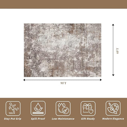 6x9 Area Rug Living Room Washable Neutral Brown Beige | Soft Low Pile Non Slip - Image 2