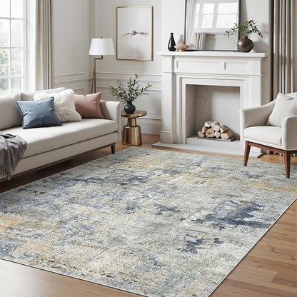 Soalmost Abstract Area Rug 6x9 for Living Room Washable Rugs Blue/Yellow | - Image 2