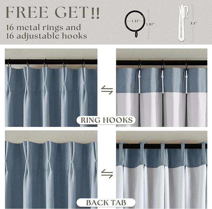 Dusty Blue Pinch Pleat 100% Blackout Linen Curtains 2 Layers 45 Inch Long | - Image 5