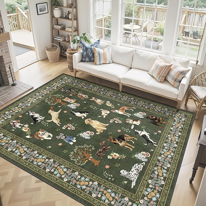 Dark Green Floral Area Rug 8x10 - Image 2