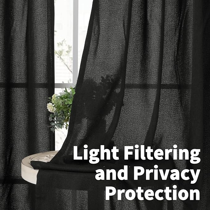 YoungsTex Black Linen Semi Sheer Curtains 72 Inches Long - Image 2