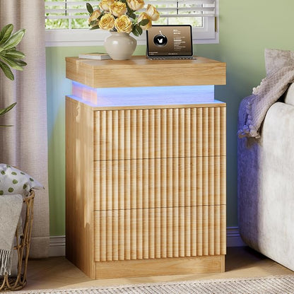 Xixini Nightstand with Charging Station and LED Lights, Fluted Night Stand with - Image 8
