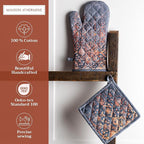 Maison d' Hermine 100% Cotton Oven Mitt & Pot Holder Set (7.5"x13" & 8"x8") Heat Resistant BBQ Cooking Gloves with Loop, Baking, Grilling, Kitchen, Handling Hot Pans (Imperfection)