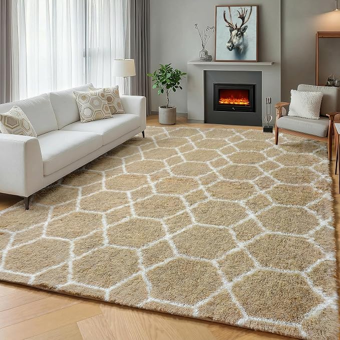 Area Rugs for Living Room, 7x10 Fluffy Beige and White Modern Bedroom Rug | - Image 7