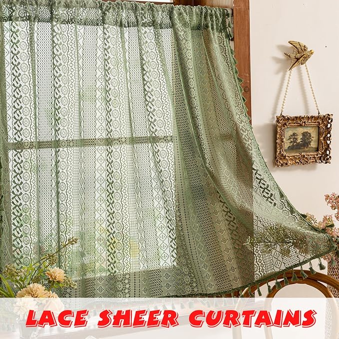 Sutuo Home Olive Green Boho Lace Curtains 2 Panels 45 Inch Long, Semi Sheer - Image 3