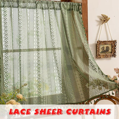Sutuo Home Olive Green Boho Lace Curtains 2 Panels 45 Inch Long, Semi Sheer - Image 3