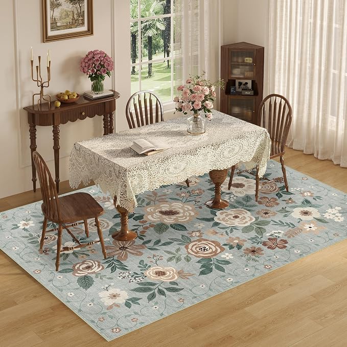 DUKINO 8x10 Area Rugs, Floral Washable Living Room Rug Non Slip, Sage Green | - Image 4