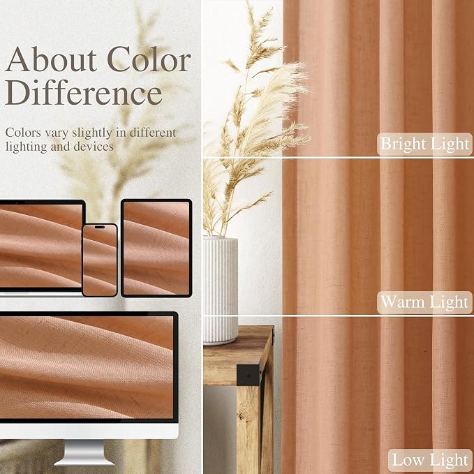 Peach Quartz Linen Curtains 108 Inch Length 2 Panel Set Back Tab Loop Pocket - Image 3