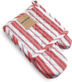 1 Oven Mitt, 1 PotHolder & 1 Kitchen Apron Set - Durable Heat Resistant Gloves - Thick Mittens for Kitchen - Suitable for Cooking, Baking, Grilling – Men & Women – Bright Red Stripes - Casa De Lan