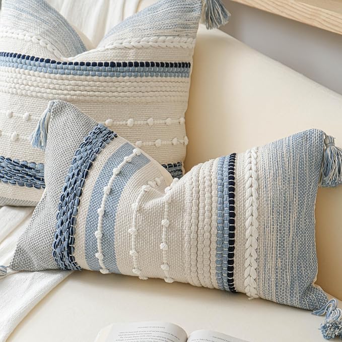 Decorative Lumbar Throw Pillow Cover 14x24 Boho Coastal Blue Accent Cushion - Image 7