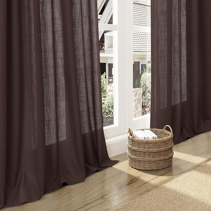 Coffee Linen Boho Curtains for Bedroom Back Tab Rod Pocket Semi Sheer Linen - Image 6