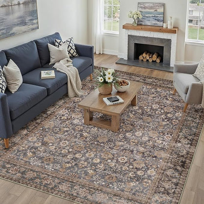 9x12 Brown Blue Vintage Floral Washable Area Rug - Image 3