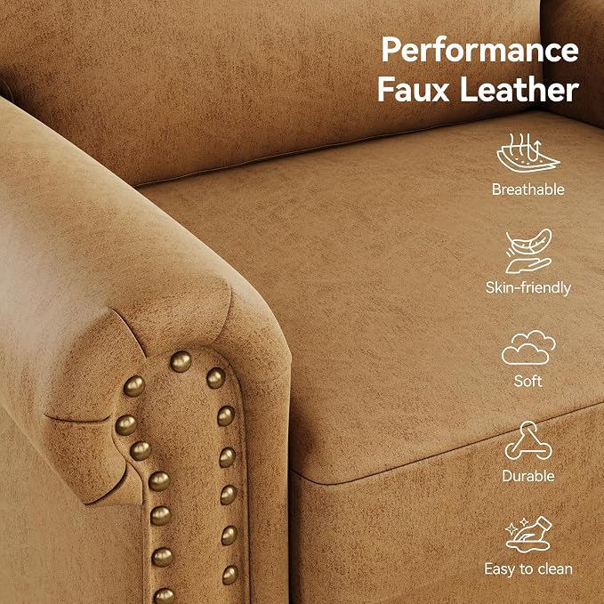 Nailhead Trim Accent Chairs Set of 2, Faux Leahter Mid Century Modern Living - Image 5