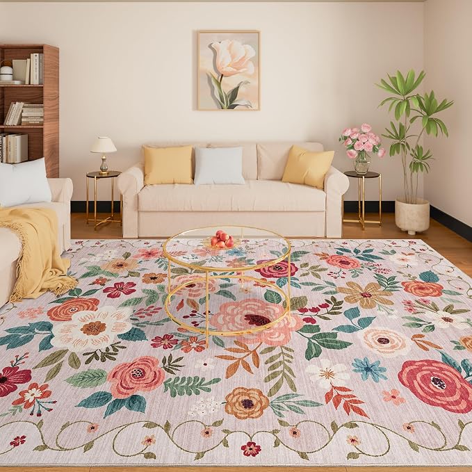 DUKINO 8x10 Area Rugs, Floral Washable Living Room Rug Non Slip, Stain Resistant - Image 4
