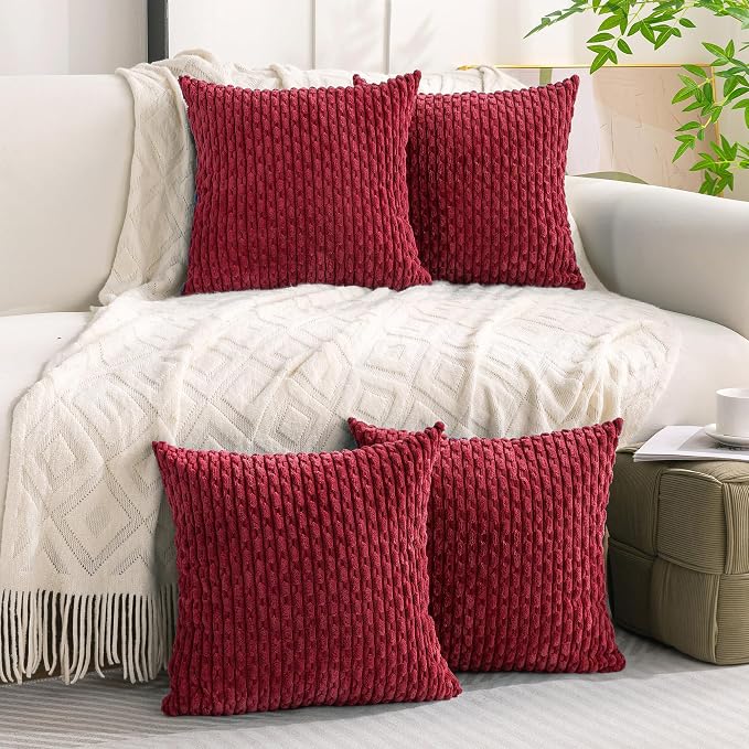 Set of 4 Burgundy Decorative Throw Pillow Covers 18x18 Inch Corduroy Pillow - Image 2