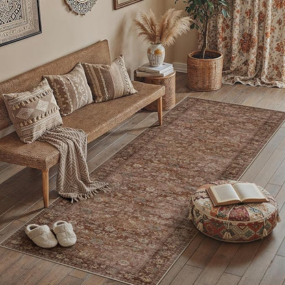 3x8 Brick Red Vintage Floral Washable Runner Rug - Image 3