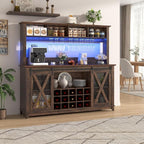 63"W Farmhouse Coffee Bar Cabinet with LED Light,Wine Bar Cabinet w/ 4 Tier Storage Hutch,Kitchen Buffet Cabinet w/Sliding Barn Door & 15 Wine and Glass Racks for Kitchen Dining Room(Brown)