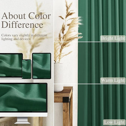 Dark Green Linen Curtains for Living Room 63 Inches Long 2 Panel Set Light - Image 3