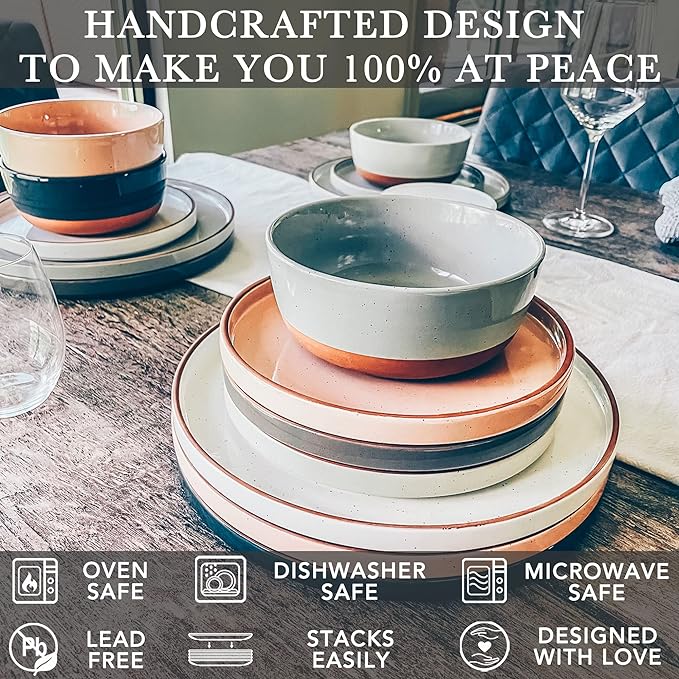 Mora Ceramic Flat Dinner Plates Set of 6, 10.5 in High Edge Dish Set - Microwave, Oven, and Dishwasher Safe, Scratch Resistant, Modern Dinnerware- Kitchen Porcelain Serving Dishes - Assorted Neutrals