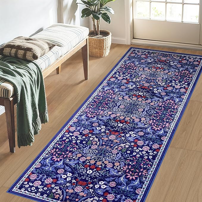 PLHXFR 2x6 Washable Runner Rug：Floral Indoor Kitchen Soft Carpet Blue | - Image 3