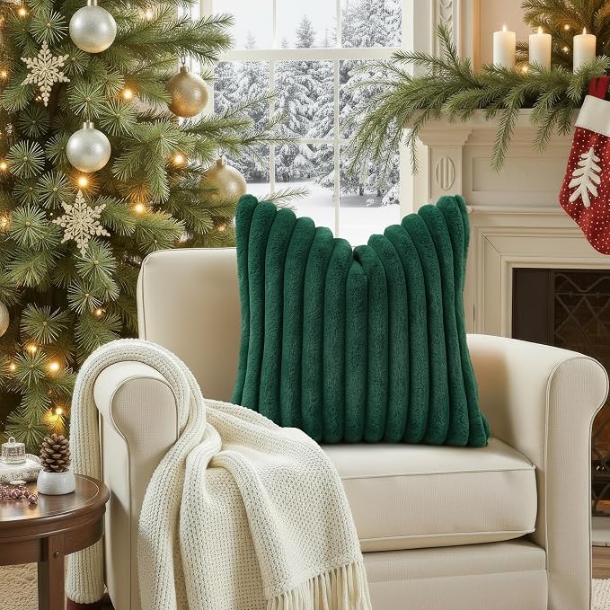 decorUhome Fall Faux Fur Throw Pillow Covers 18x18 Set of 2 Christmas Green | - Image 4