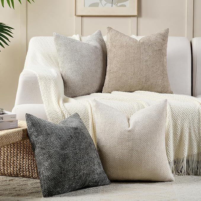 Volcanics Boho Throw Pillow Covers 20x20 Set of 4, Neutral Chenille Decorative - Image 4