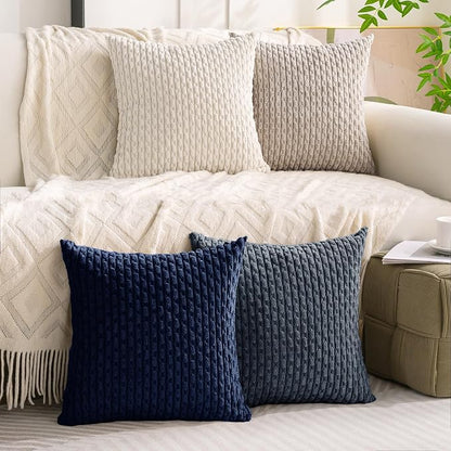 Set of 4 Navy White Taupe Decorative Throw Pillow Covers 16x16 Inch Corduroy - Image 8