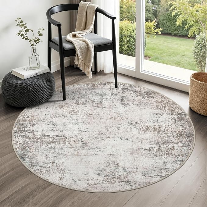 Round Area Rug Living Room: 5 ft Modern Washable Carpet Brown | by FXRHLP