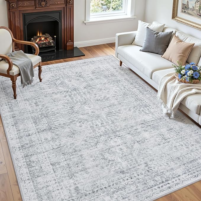 3x5 Area Rugs Living Room: Bedroom Neutral Washable Carpet Gray | Vintage Boho - Image 3