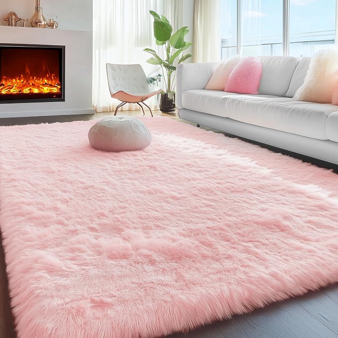 Pink Fluffy Plush Area Rug 5x8, Kids Shag Rugs - Image 5