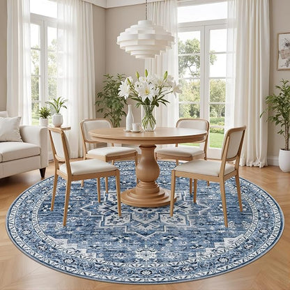 Round Area Rug for Living Room: 6ft Washable Rug for Bedroom Blue | Vintage - Image 3