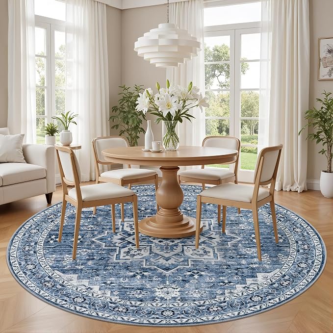 Round Area Rug for Living Room: 4ft Washable Rug for Bedroom Blue | Vintage - Image 3
