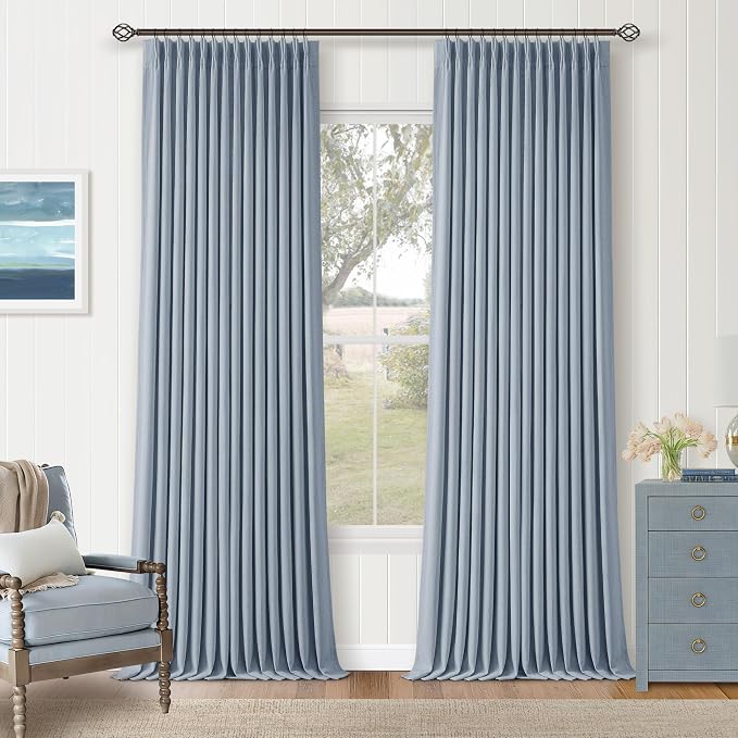 Blue Linen Blackout Pleated 86 Inch Curtains by Twodrapes