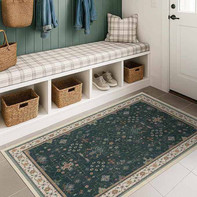 Dark Green Oushak 3x4 Large Entryway Rug by HazoHaus