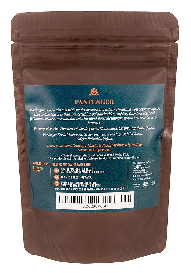Pantenger Matcha Green Tea Powder and Reishi Mushroom. 2.12 OZ (60 grams). USDA ORGANIC. Japanese Reishi Mushroom with Japanese Matcha Tea.