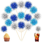 Chinco 100 Pcs Foil Firework Cupcake Toppers Sparkle Tinsel Cake Toppers Cake Decoration Cocktail Fruit Toothpick for Birthday Wedding Graduation Party(Dark Blue, Light Blue, Silver)