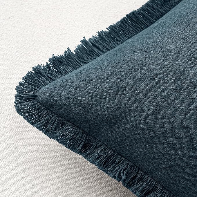 MIULEE Linen Fringe Decorative Euro Throw Pillow Covers Navy Blue 24x24 | Set - Image 3